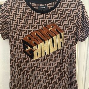 Fendi Roma Brown and Gold Graphic Tee